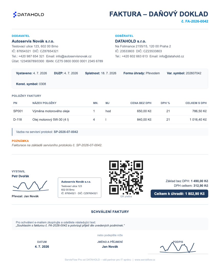 Faktura ze ServisFlow s QR kódem pro platbu